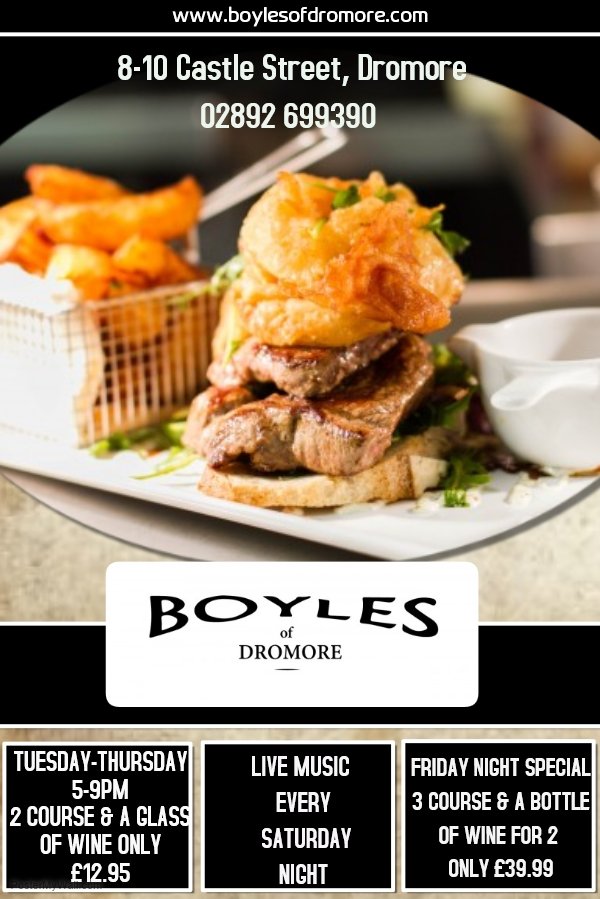 BoylesDromore's tweet photo. OPEN TONIGHT FOR FOOD FROM 5-9PM
Give us a call on 02892699390 to book
#countydownhour #discoverni #enjoyni16 https://t.co/XrxQ7fqHP2