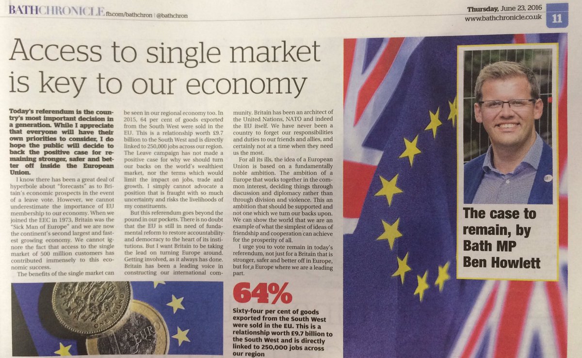 benhowlettuk's tweet photo. My @BathChron opinion piece; "access to single market is key to our economy" - Vote REMAIN for our future prosperity https://t.co/exqJP69lqL