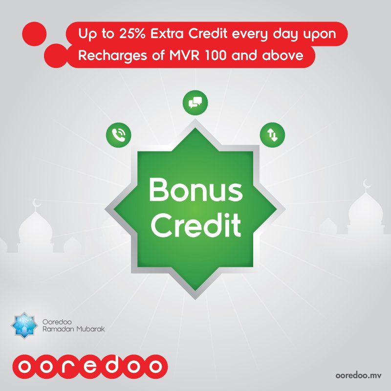 OoredooMaldives's tweet photo. Get up to 25% #BonusCredit for recharges above MVR 100. To activate the offer, dial *108#. #ExperienceMore #Ramadan https://t.co/5iatGHOXJB