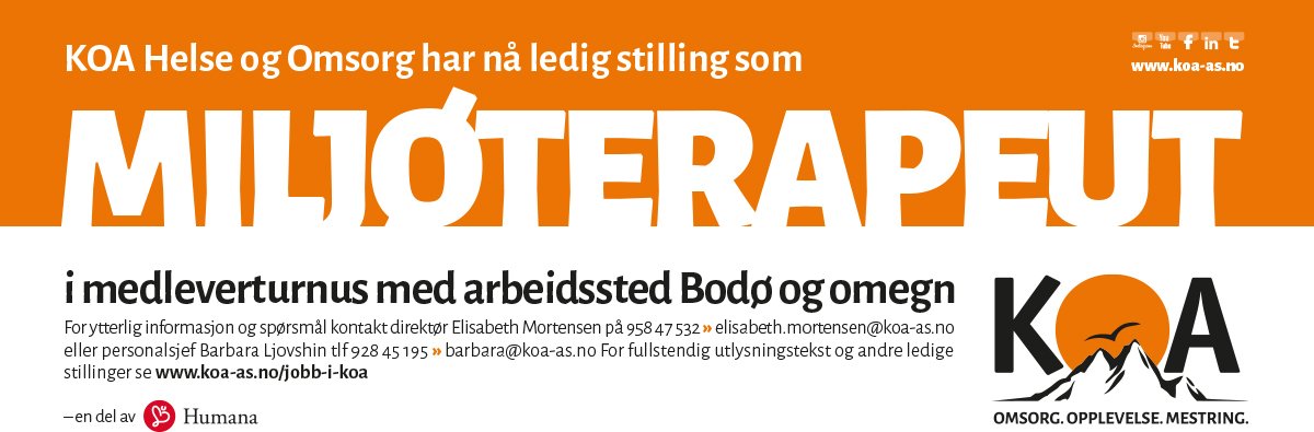 KOAtwitrer's tweet photo. Spennende mulighet i Meløy, du søker vel?
Se fullstendig utlysningstekst og andre ledige stillinger på koa-as.no https://t.co/f43muaisjJ
