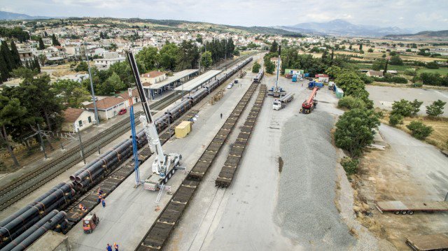 tap_pipeline's tweet photo. Zoom in on logistics: TAP line pipes embark on #train journey Thisvi → Thessaloniki #Greece Corinth Pipeworks https://t.co/eFbtjEBs2F