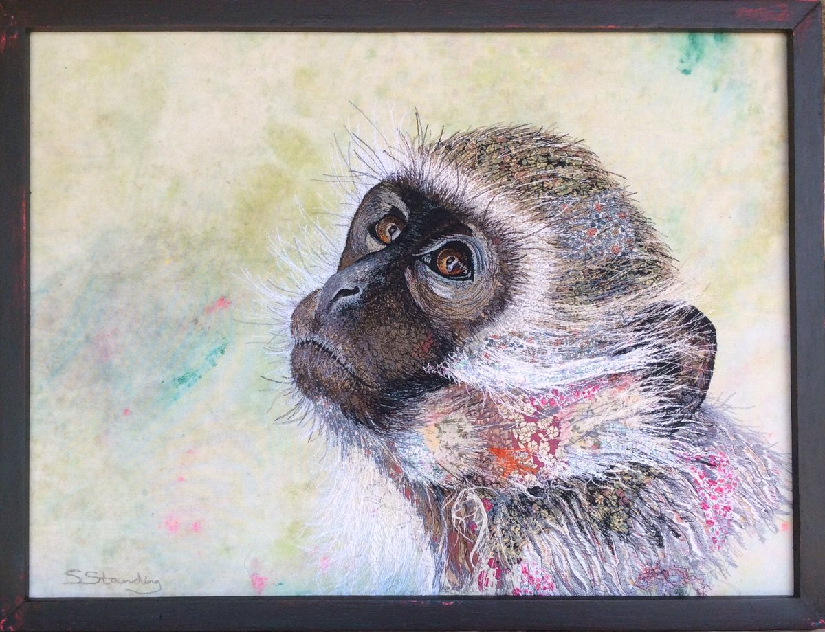 Vervet monkey textile embroidered art. Using Liberty Tana lawn and Aurifil threads <a href="/aurifil/">Aurifil</a> <a href="/LibertyLondon/">Liberty London</a>