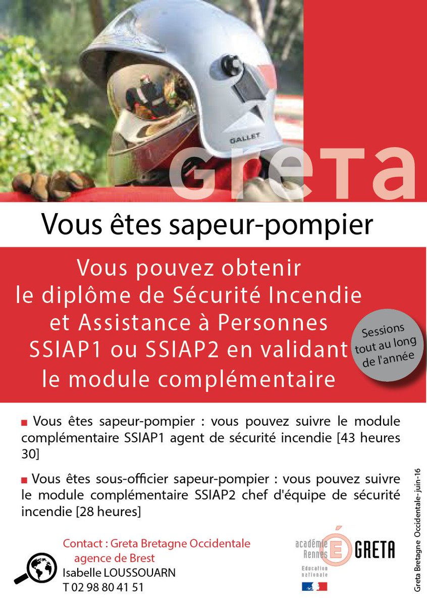 gretagbo29's tweet photo. Vous êtes sapeur-pompier ? Validez le module complémentaire #SSIAP1 ou #SSIAP2. Contactez l'agence de Brest ! https://t.co/MkyuHXyNMk