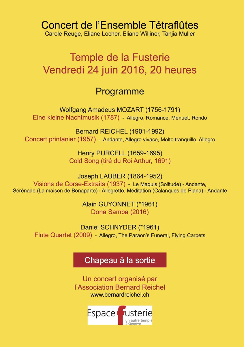 Concert avec l'Ensemble Tétraflûtes | Ve 24 juin | 20 H | Temple de la Fusterie | Genève | carolereuge.ch/fr_FR/agenda/