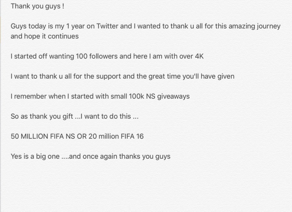 Fut_Neymar7's tweet photo. It's been 1 year !!
Thank you all

50 mil NS or 20 mil FIFA 16🎉🎊
Retweet and follow me 
Winner at 200 RT

Thank you🤘 https://t.co/AzefLgcP0o