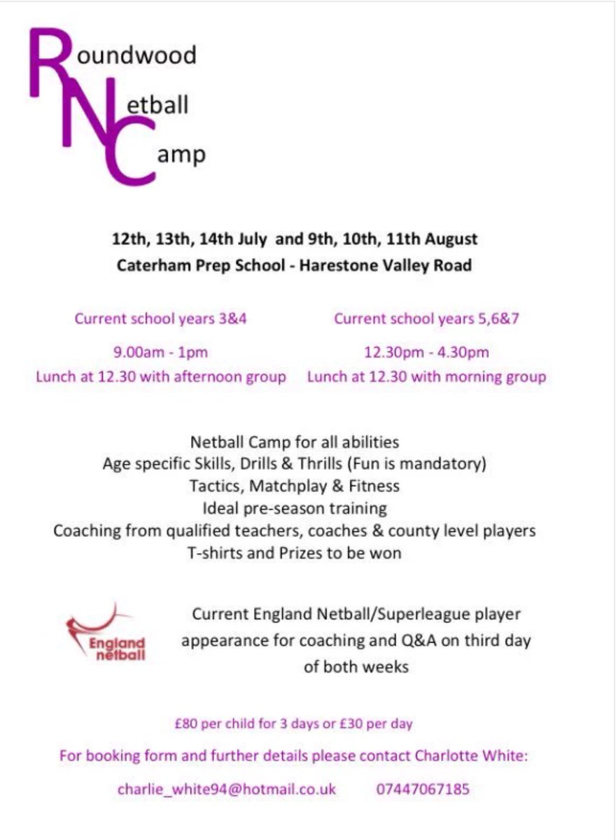 Please see information on our #netball  #summercamp #croydonsummer Contact details below!