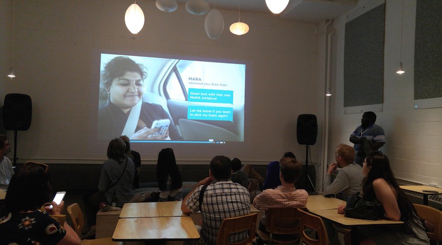 e180's tweet image. .@christinerenaud, @E180&apos;s CEO, presenting #Braindates to the #newcitiessummit crowd visiting #Montreal 
#socent