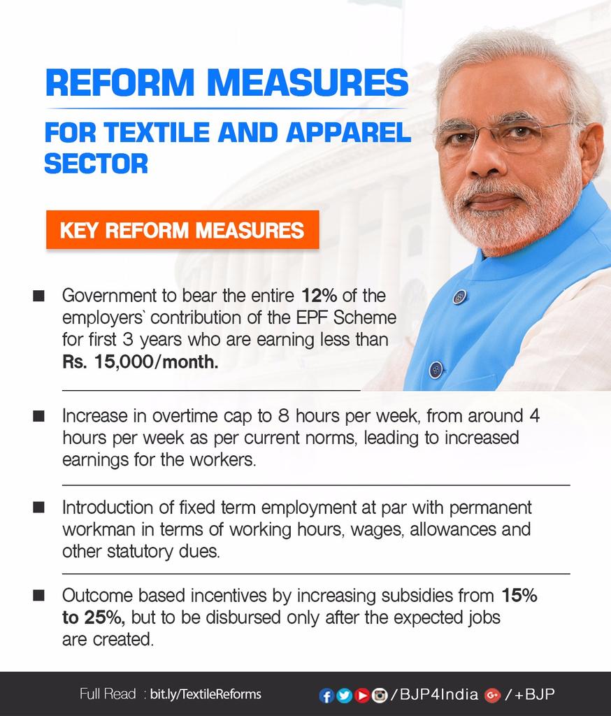 BJP4India's tweet photo. Special package and reform measures for textile &amp; apparel sectors to create one crore jobs in 3 years. (2/2) https://t.co/NTCE1UL5gv