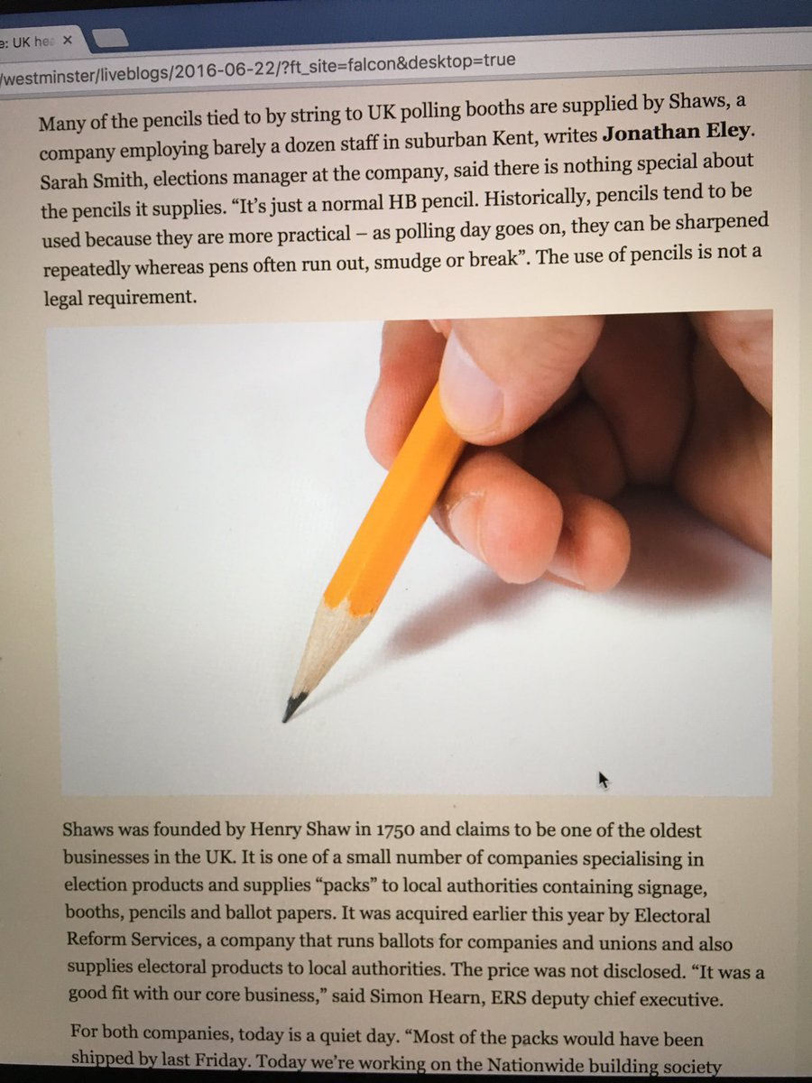 Shaws, makers of polling booth pencils. Now owned by electoral reform services. Great story FT