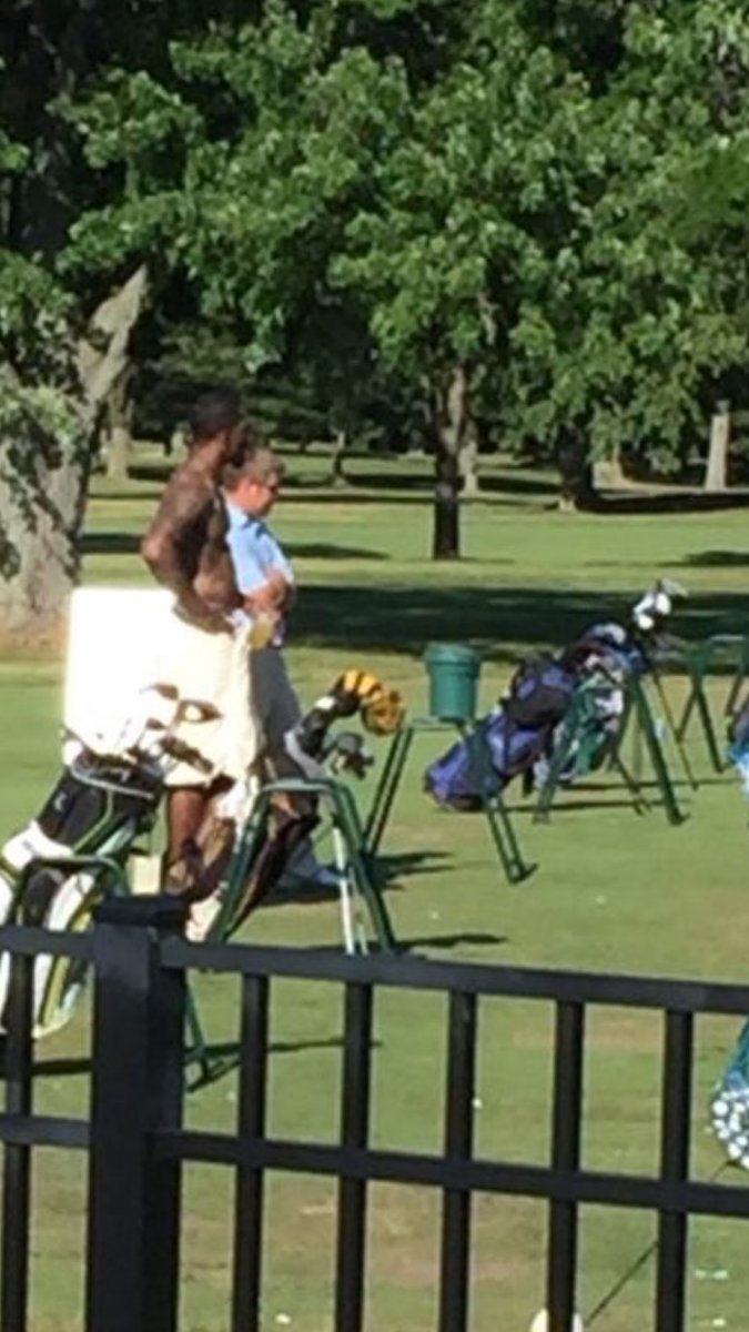 Kevin_Corrigan's tweet photo. Shirtless JR on the links @KFCBarstool ... dress code doesn't apply to the pipe https://t.co/ZV0X6MCQdc