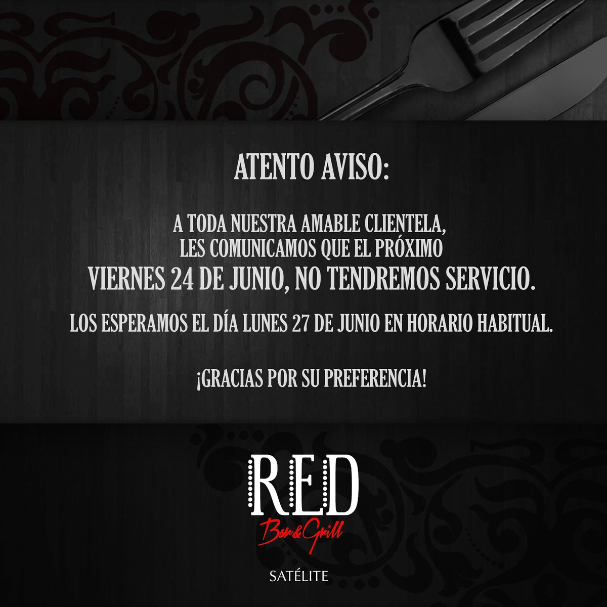 RedBarGrill's tweet photo. AVISO https://t.co/8H9BO0nDid
