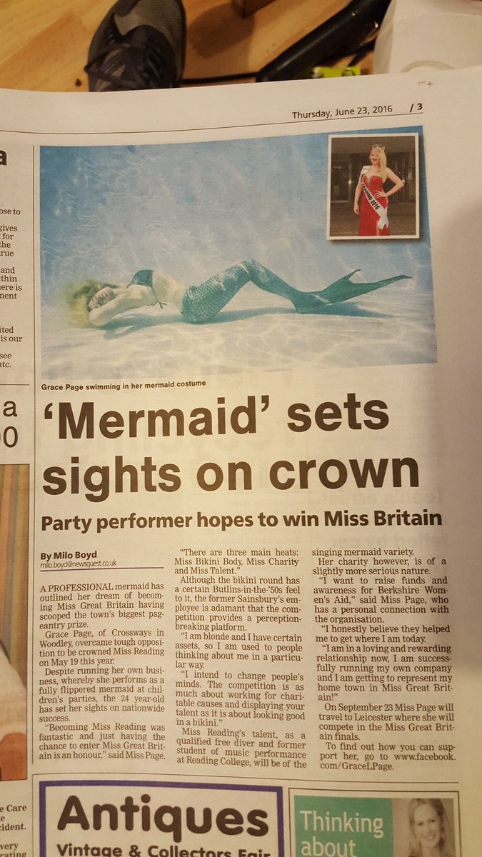 MermaidGraceUK's tweet photo. @Official_MissGB Made front page news as #MissReading watch this space! #missgb #berkshirewomensaid #makesomenoise https://t.co/NSjZzUI3D9