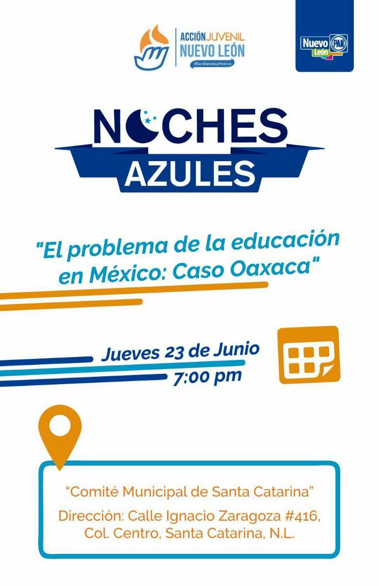 AJuvenilNL's tweet photo. Hoy nos vemos en el CDM de Santa Catarina co las #NochesAzules. ¡Te esperamos! #EscribiendoLaHistoria https://t.co/TyPyas5a4X