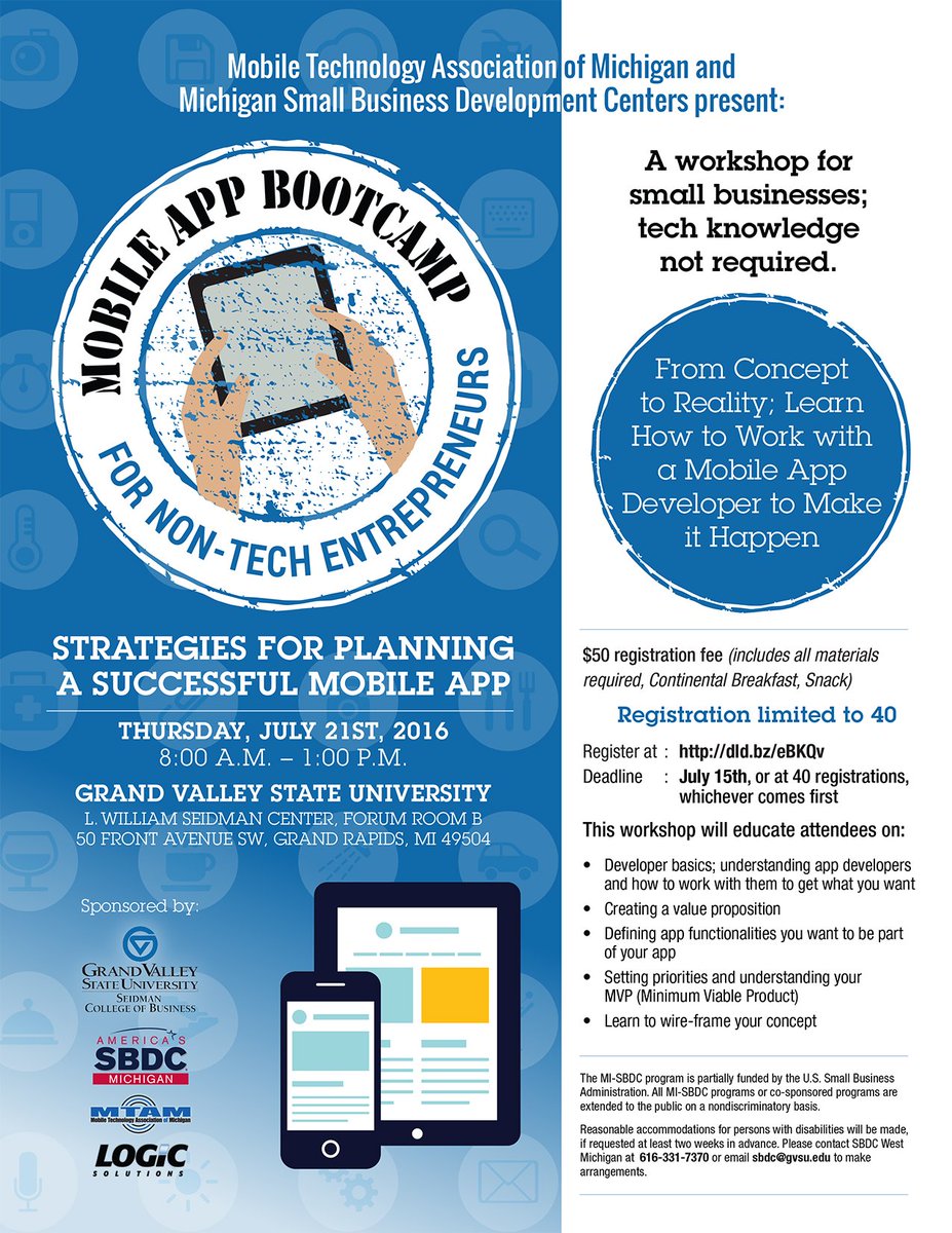 LogicSolutions's tweet photo. #MobileBootcamp is coming to west MI on 7/21! Register: https://t.co/bn5b9jkW1K @GVSUSeidman @GoMobileMI @SBDCWestMI https://t.co/opP19jDXNu