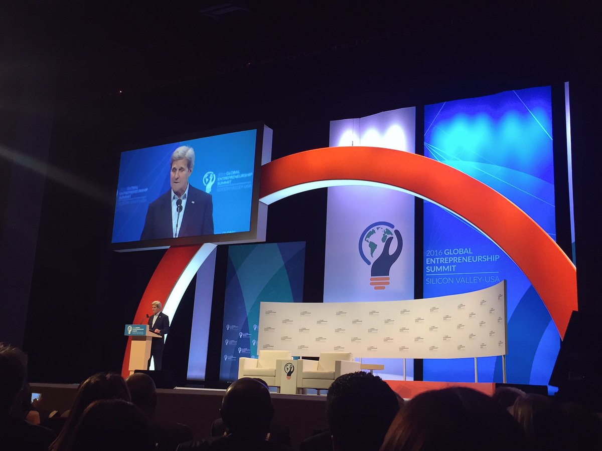EntrepreneurOrg's tweet photo. U.S. Secretary of State @JohnKerry opening up this morning's plenary at #GES2016 https://t.co/WFtymMuuog