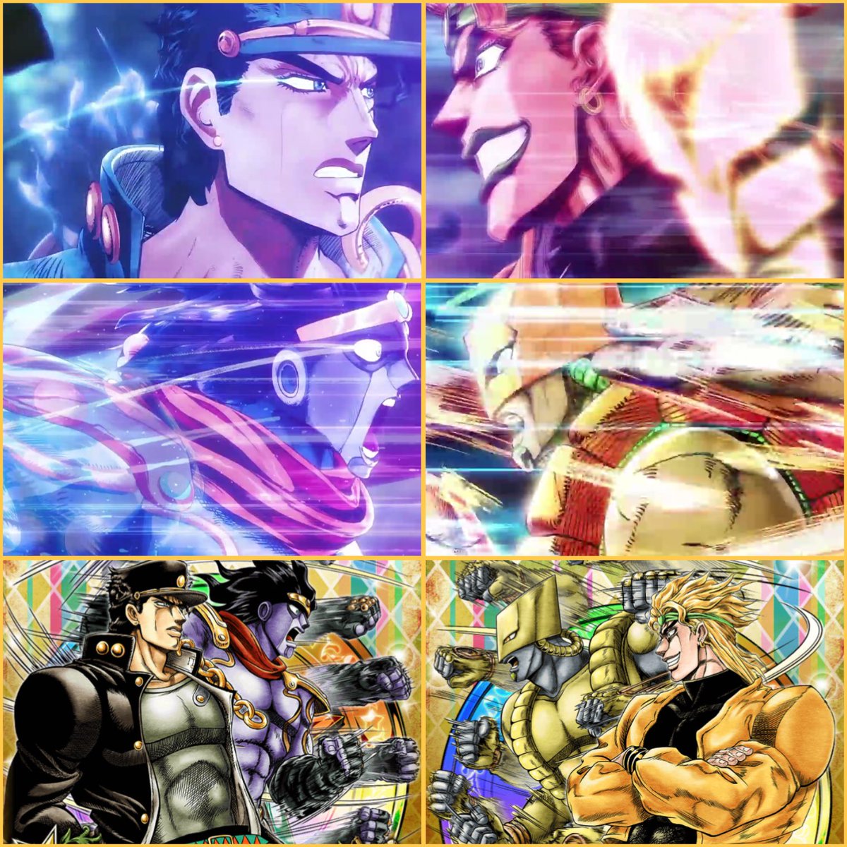 紫ドドド 1枚目はopの再現って知ってたよ でも2枚目もop再現は知らなかった 原作の突きの速さ比べ かと思ってたらかなりopの絵なんだな いーまーさーらーwww ジョジョss