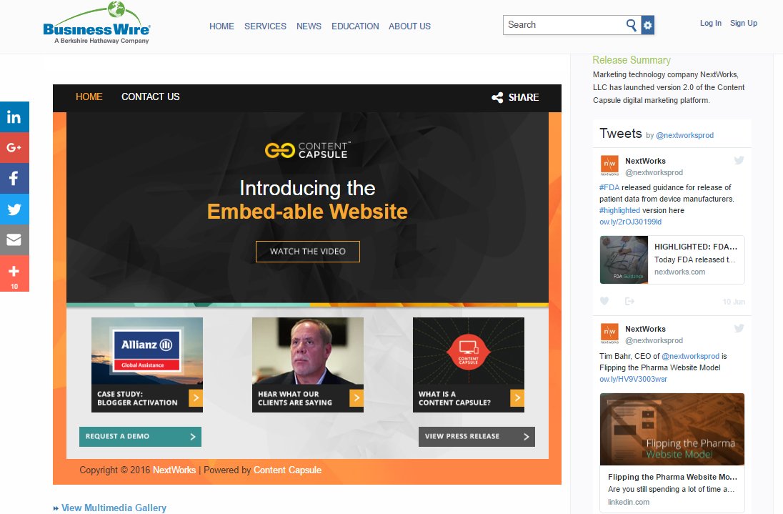 Digital Marketing Services <a href="/NextWorksProd/">NextWorks</a> Launches Content Capsule 2.0 Portal dld.bz/eDrJb <a href="/businesswire/">Business Wire</a>