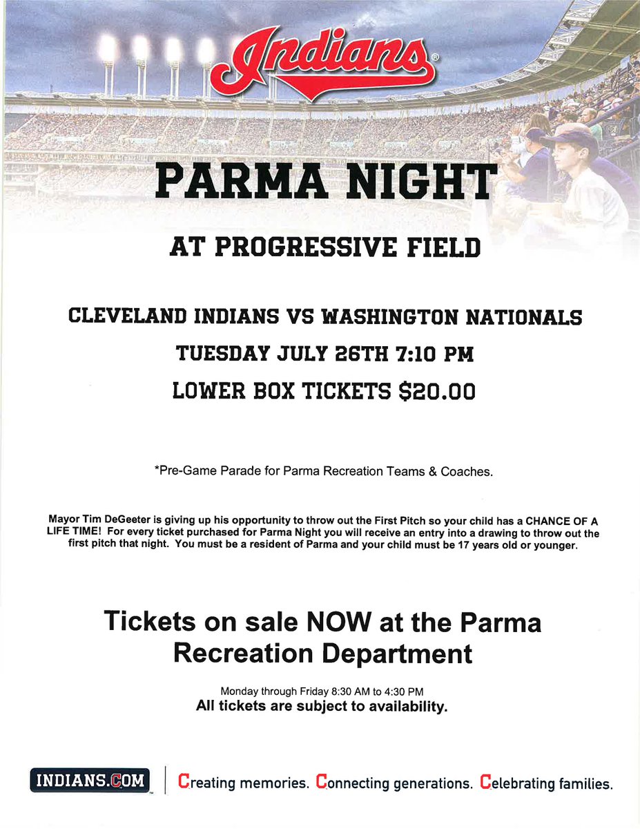 ParmaMayor's tweet photo. Tickets available at Parma Rec Dept. Always a great time with Parma folks at #ProgressiveField. #GoTribe https://t.co/e9WEFnDE16