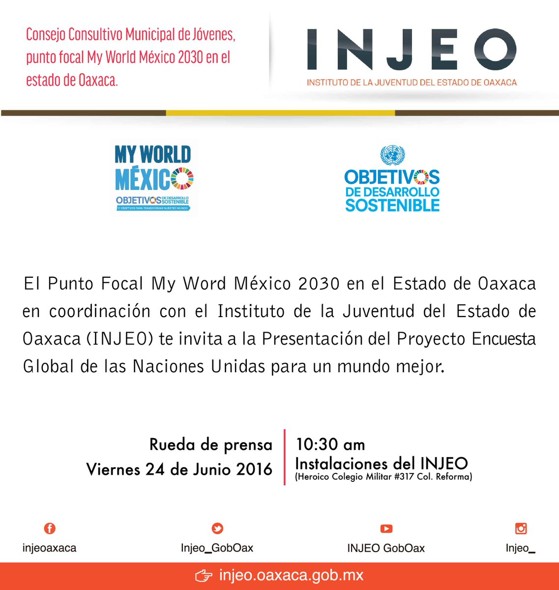 Injeo_GobOax's tweet photo. Acompáñanos a la rueda de prensa y presentación del proyecto #EncuestaGlobalDeLasNacionesUnidas para un mundo mejor. https://t.co/jWm2aGsB5v