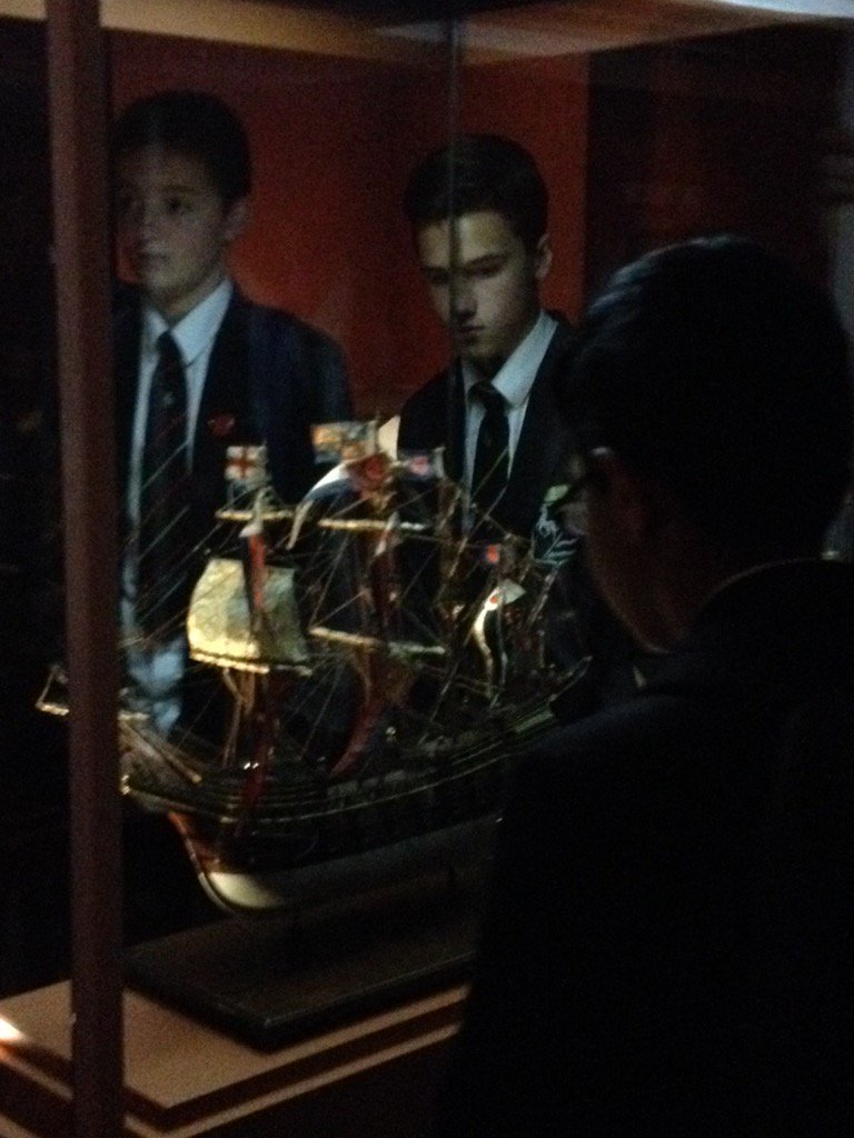 English_FHS's tweet photo. Boys examine replica of Red Lion ship - the first place, other than a theatre, to host one of Shakespeare's plays. https://t.co/0FSl7hI7PE