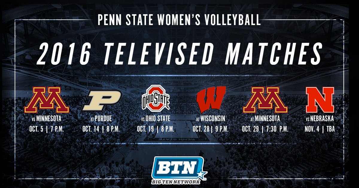 PennStateVBALL's tweet photo. Grab those remotes! #PSUVB set for six BTN appearances in 2016! Details here: https://t.co/TmQC3XqOvX https://t.co/2hqGr03nex