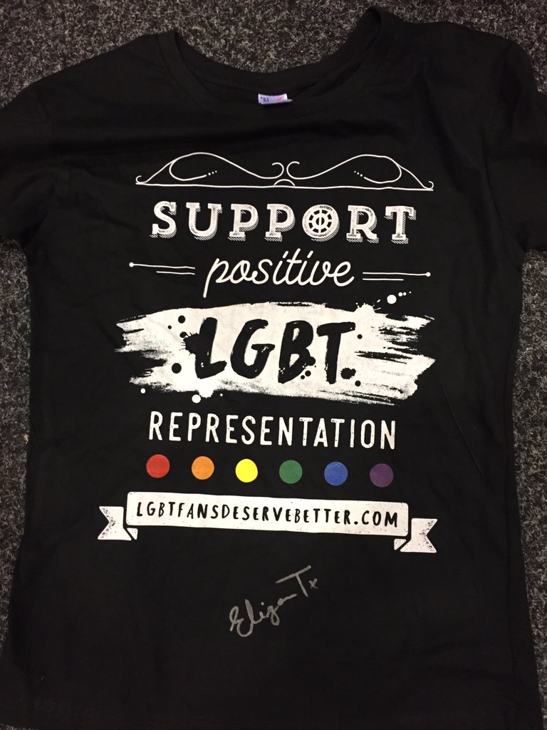 LGBTFansDB's tweet image. Hard to look as good as @MisElizaJane BUT you can try: we'll be auctioning off a signed @LGBTFans shirt soon!!