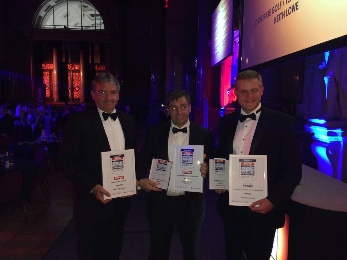 PeelPorts's tweet photo. COO Gary Hodgson, CEO Mark Whitworth &amp; Port Director, David Huck with tonight's awards for Peel Ports. #RBA16 https://t.co/DQalueojgX