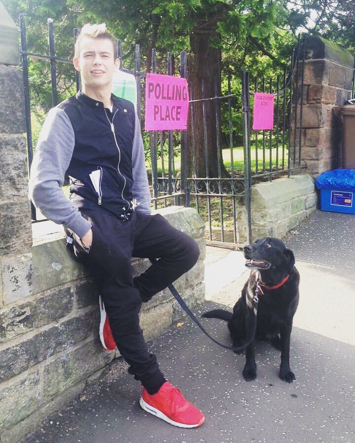 AlexGibb's tweet photo. David and Lola out acting as my proxy #babygibb #dogsatpollingstations #dogsfordemocracy #VoteRemain https://t.co/ltzD1f3S0s