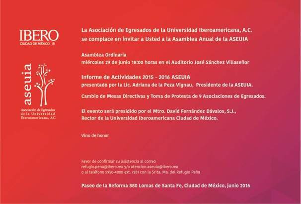 Somos_Ibero's tweet photo. Invitados todos los #EgresadosIBERO: Informe #ASEUIA, toma de posesión mesas directivas y espacio de convivencia. https://t.co/hZ3af2toQq