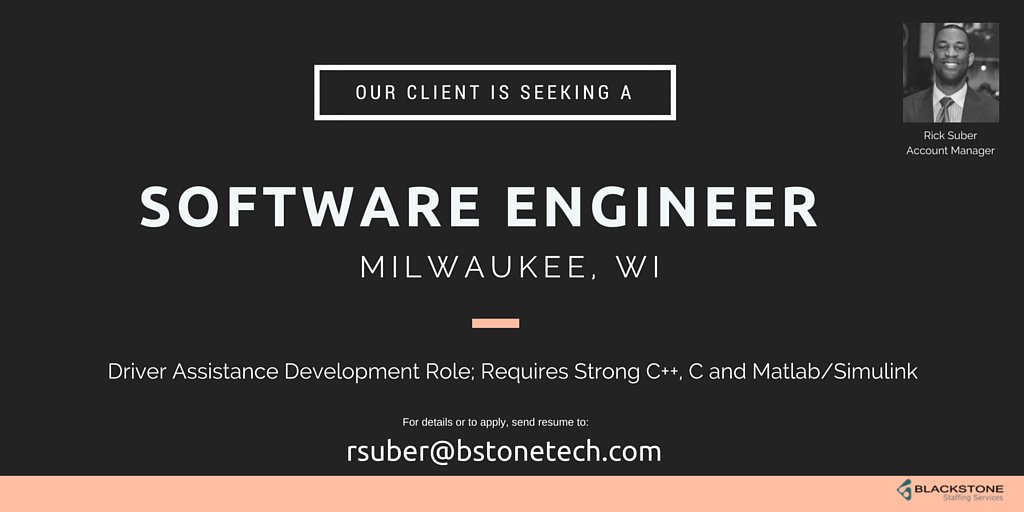 RickSuberCSM's tweet photo. #Hiring #Software #Engineer in #Milwaukee WI. rsuber@bstonetech.com #jobs #tech #sf #IT #matlab #simulink https://t.co/atoS1QbmAX