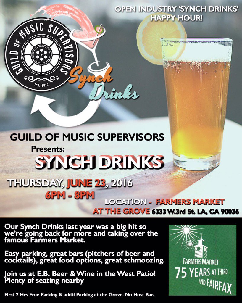 guildofmusic's tweet photo. Synch Drinks is tonight! 6-8 pm at the famous Farmers Market on Fairfax. We hope to see you there! #synchdrinks https://t.co/RO4YmgliKN