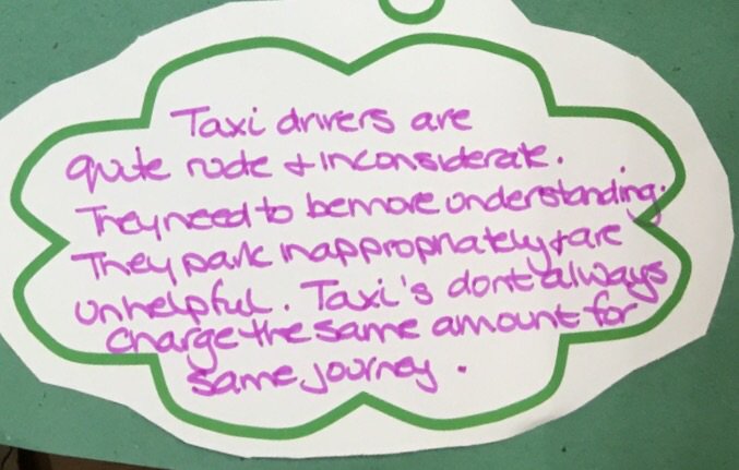 LynneSparks's tweet photo. Interesting comments from Welwyn Hatfield Learning Disabled adults on local buses & taxis #LDWeek2016 https://t.co/9E5a7vKxip