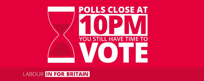 UKLabourIN's tweet photo. Polling stations are open until 10pm. If you're in queue by 10pm, you'll be able to vote. #LabourInForBritain https://t.co/FTl35ifVx4