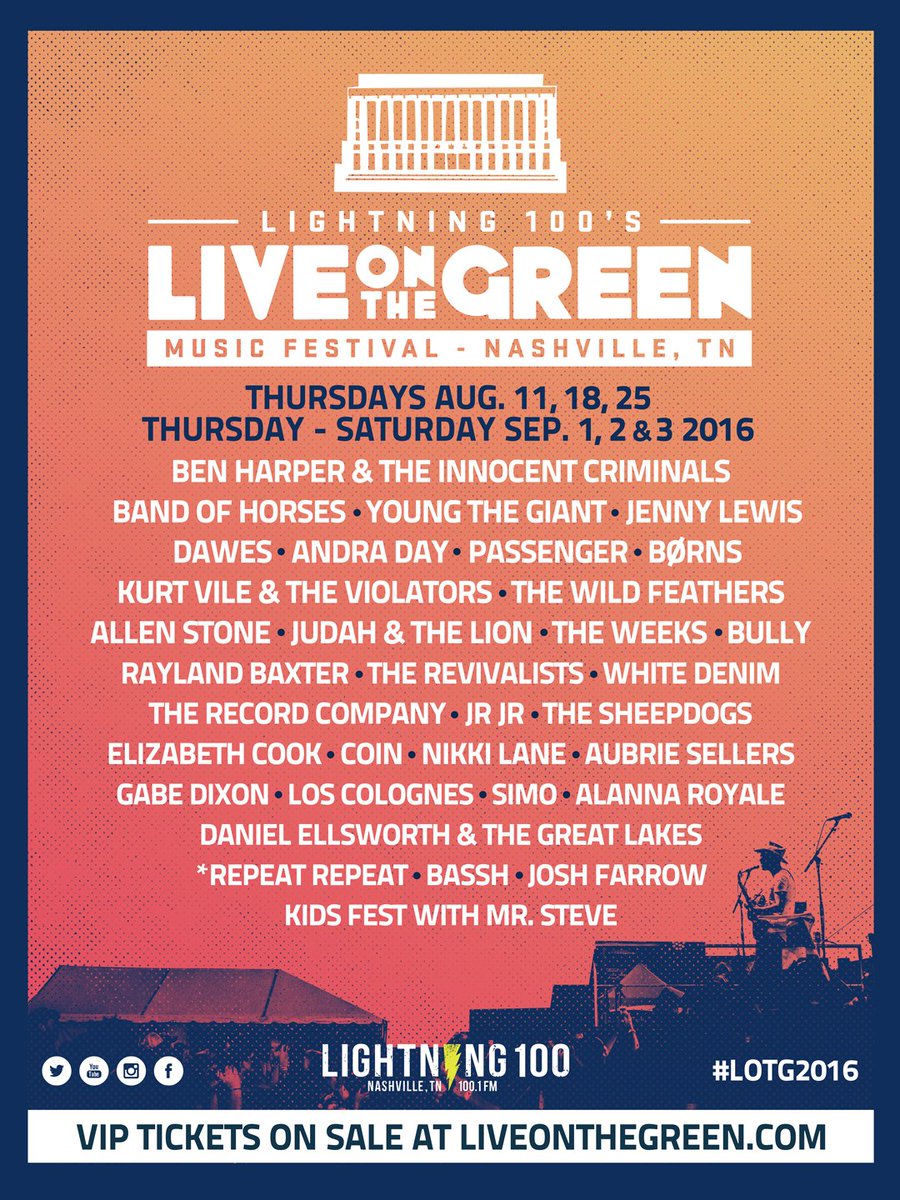 LiveOnTheGreen's tweet photo. Here it is! Your lineup for @lightning100's 2016 @liveonthegreen!
ReTweet for a chance to win VIP tickets. #LOTG2016 https://t.co/L0ihrOvvKk