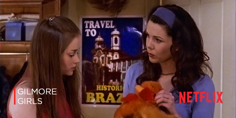 NetflixBrasil's tweet photo. Não fique triste, Rory. Cel Clucker vem pro Brasil junto! As temporadas clássicas de #GilmoreGirls chegam em 01/7 https://t.co/k5VKNwAVfn