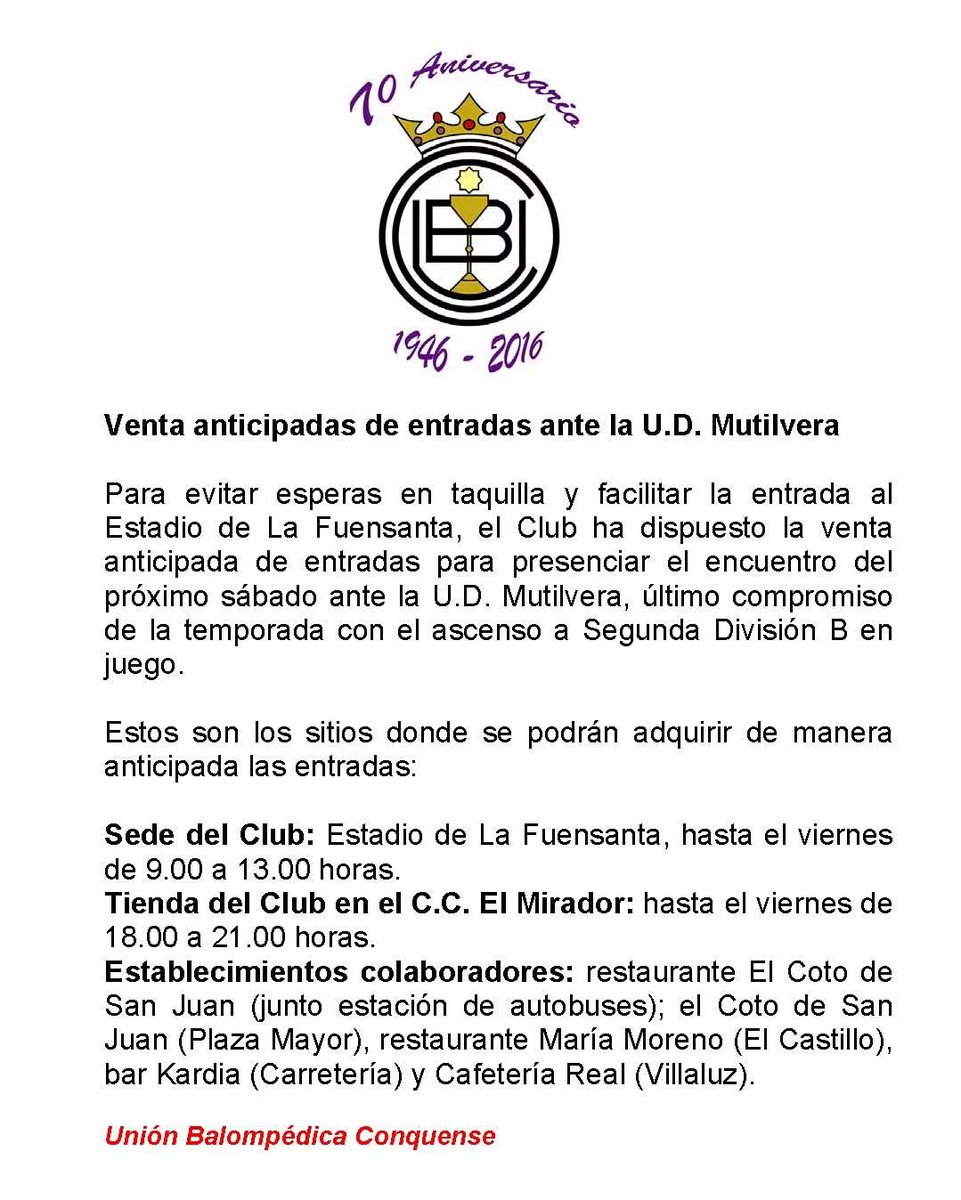 UBConquense's tweet photo. Llegamos al viernes. Último día de la venta anticipada de entradas para la final ante @UD_Mutilvera. Sitios de venta https://t.co/tA5Irh0RnH