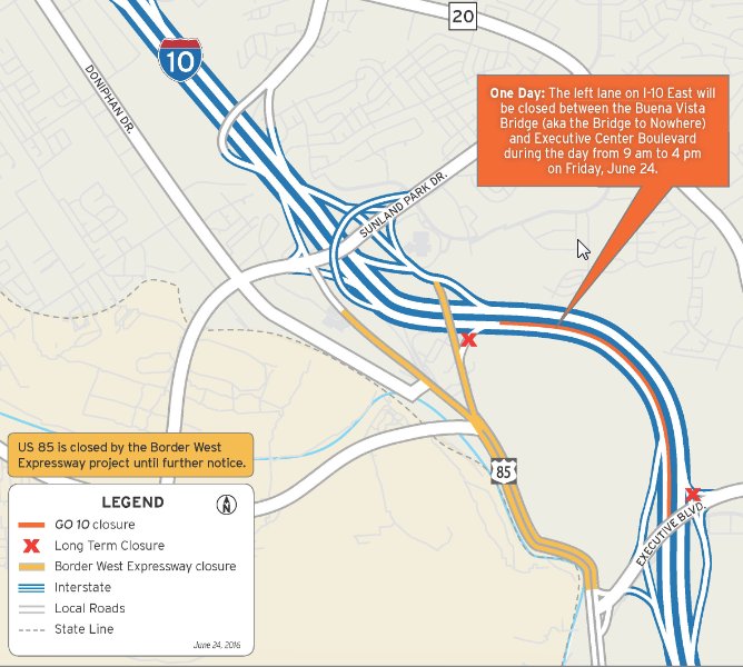 GO10EP's tweet photo. REMINDER:FRI 6/24, left lane on I-10 East, btwn Buena Vista Overpass &amp; Executive Overpass, closed 9am-4pm. #go10ep https://t.co/ICK2gOaHJD