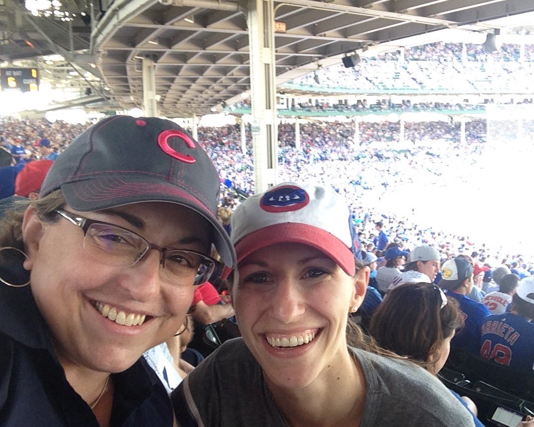 UofLCEHDMISE's tweet photo. #tbt Dr. Caroline Sheffield and Laura Peavley, 8th grade Math, bump into each other at the #cubs game! #iamMidSecEd https://t.co/NaKf8QnnKd