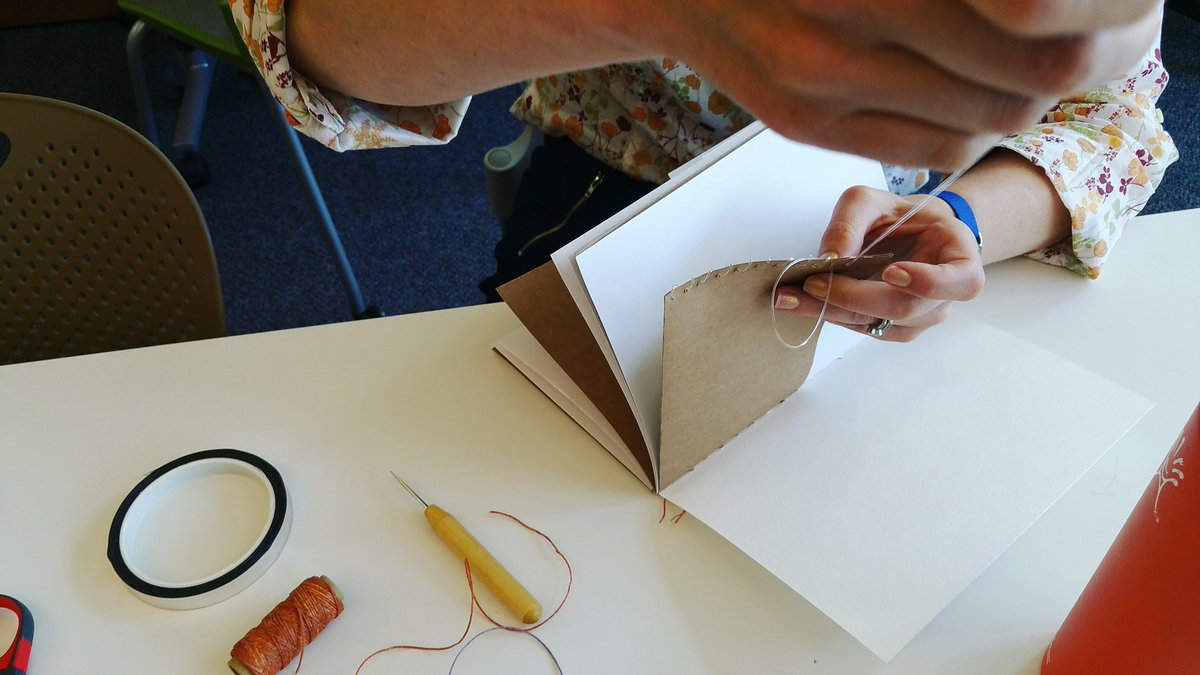 iAmMarshallNotU's tweet photo. great fun running @metalabharvard bookmaking session today at simmons college  #makersgottamake #librarytestkitchen https://t.co/4oeDUqhYeI
