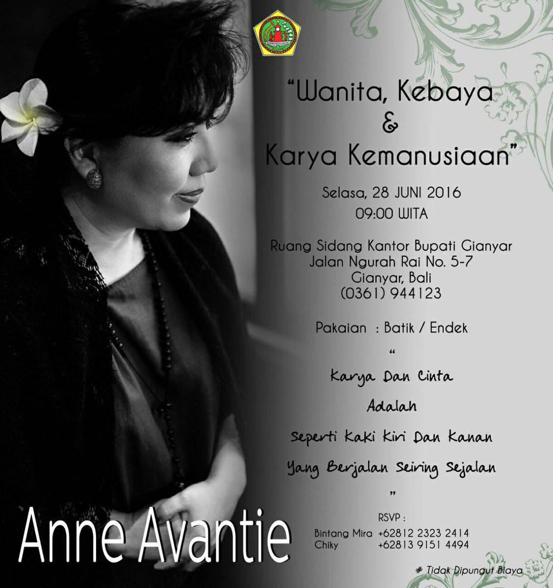 Hadirilah seminar "wanita,kebaya &amp; karya kemanusiaan" selasa (28/6) jm 09.00 WITA,Gianyar,Bali