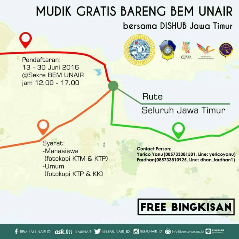 [UPDATE SISA KUOTA MUDIK GRATIS BARENG BEM UNAIR]
1.Surabaya-Malang-Blitar (43 seat) TERSISA 28 KURSI