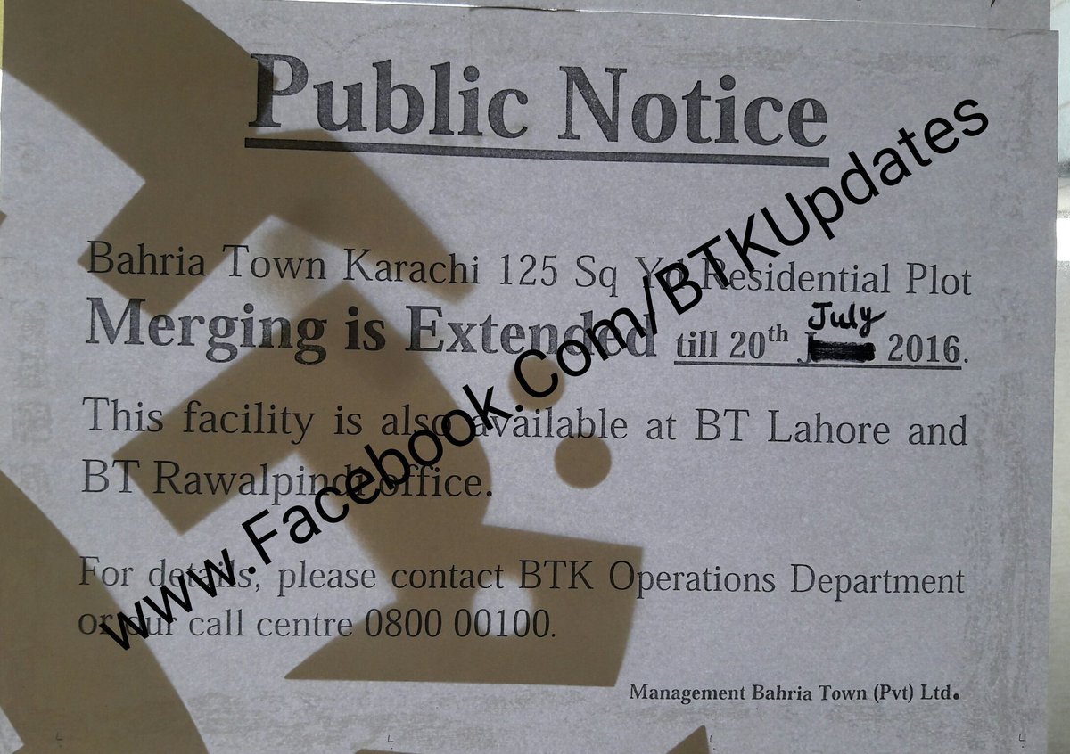 BTKNewsChannel's tweet photo. Public Notice:
Bahria Town Karachi 125 Sq. Yds Plots Merging Is Extended Till 20th/July/2016
For Details 0800-00100 https://t.co/YF1YboPhVG