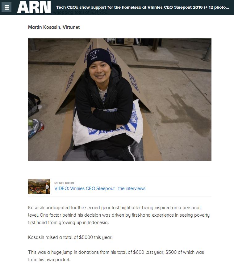 Virtunet's tweet photo. Our CEO, Martin Kosasih, at #VinniesCEOSleepout #givingback #inspiringleaders
https://t.co/Q0Vzy0N1x7 https://t.co/3NgsSQSAlZ