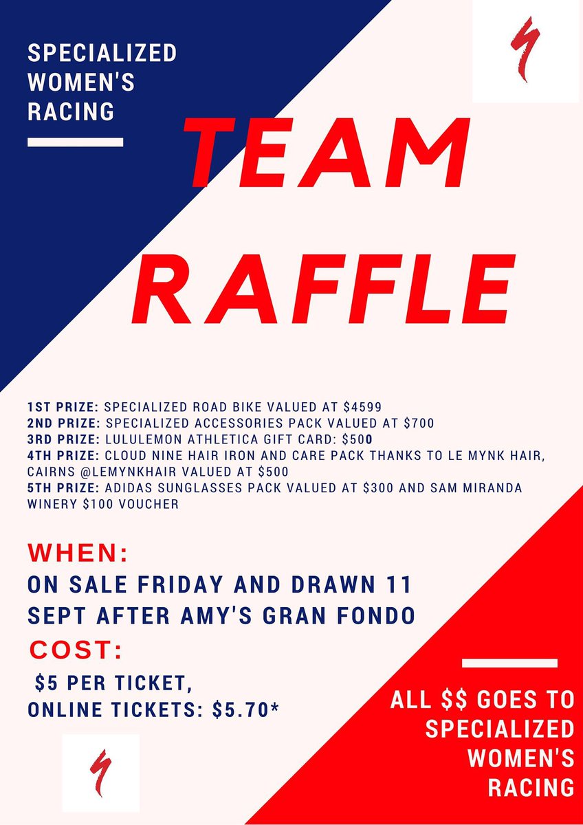 It's raffle time! You could win awesome prizes whilst racing $ for the team. Online tix 👉🏽 trybooking.com/Booking/Bookin…