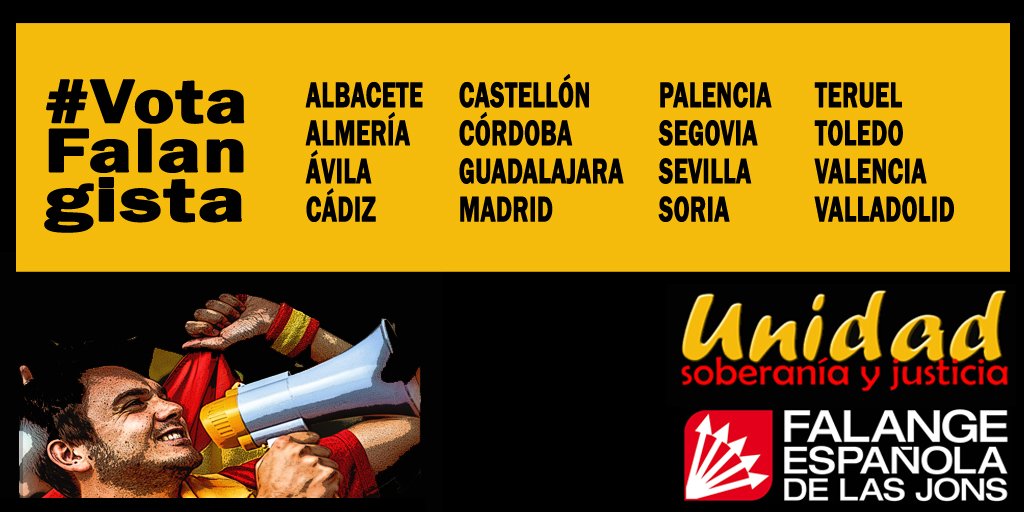 JuventudFEJONS's tweet photo. #SalvemosESPAÑA Vota @FEdelasJONS en las provincias donde nos presentamos #VotaFalangista y defiende la soberanía https://t.co/Ih0dayCZwQ