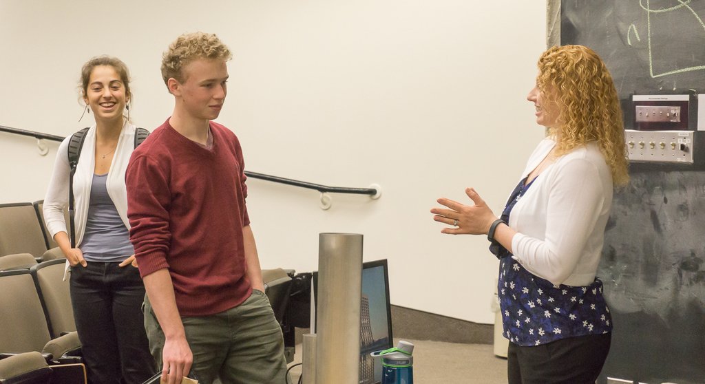 A high school student, attending yesterday's lecture by Linda Valerio (right), asks Linda about whether he should b…