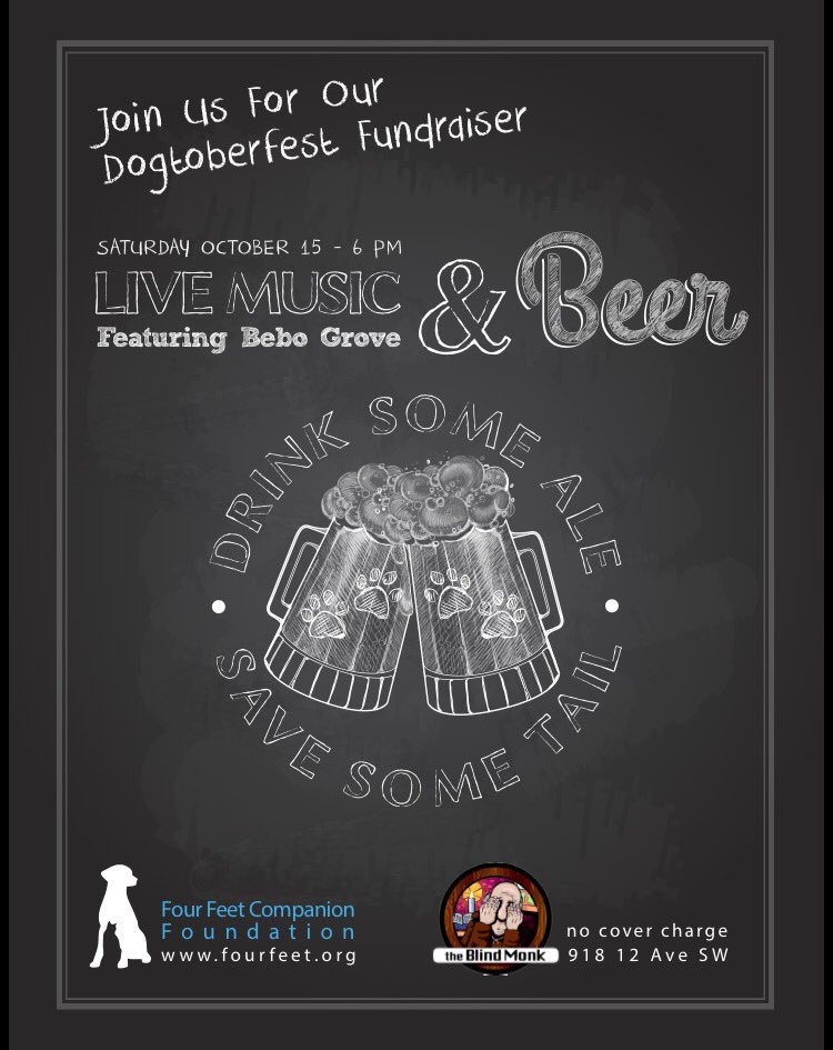 Save the Date! Dogtoberfest Pub Night Fundraiser on Saturday, Oct 15 @BlindMonkPub with music from @BeboGrove! #yyc