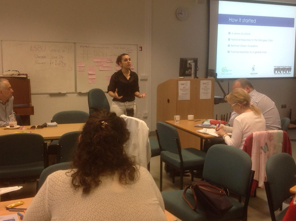 RosWade1's tweet photo. #RCELondon2016
@RCELondon 
Alia Al Zougbi talking about the work of the Global Learning project on refugees https://t.co/0QQiE0WfXt
