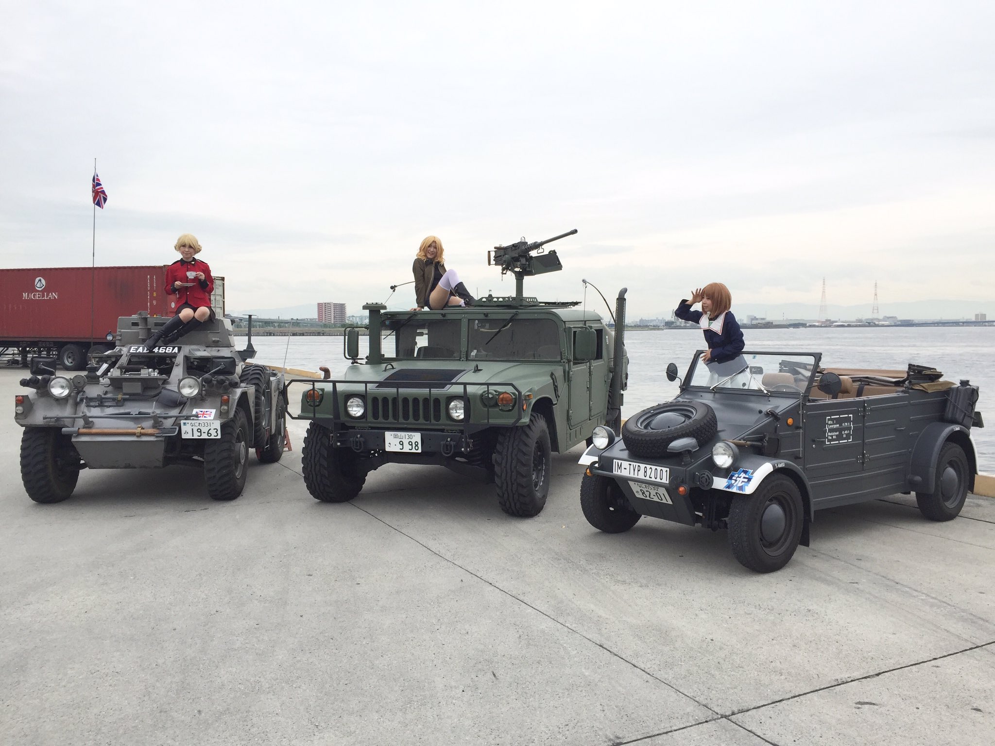 基地司令 軍用車コレクター フェレット装甲車 ハンヴィー キューベルワーゲンを使った究極のガールズ パンツァー撮影会 雨の影響で黒森峰の撮影を残して終了です ダージリン アッサム オレンジペコだけでなく西住みほとケイまで登場 最高でした