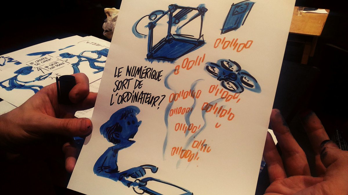 POP_collectif's tweet photo. [ POP IN ACTION ] 

Dessin de Laurent, l'imprimante pizza ? Vivement. 
#AGPLURELYA #Plus2POP https://t.co/EDlyPqOxYg